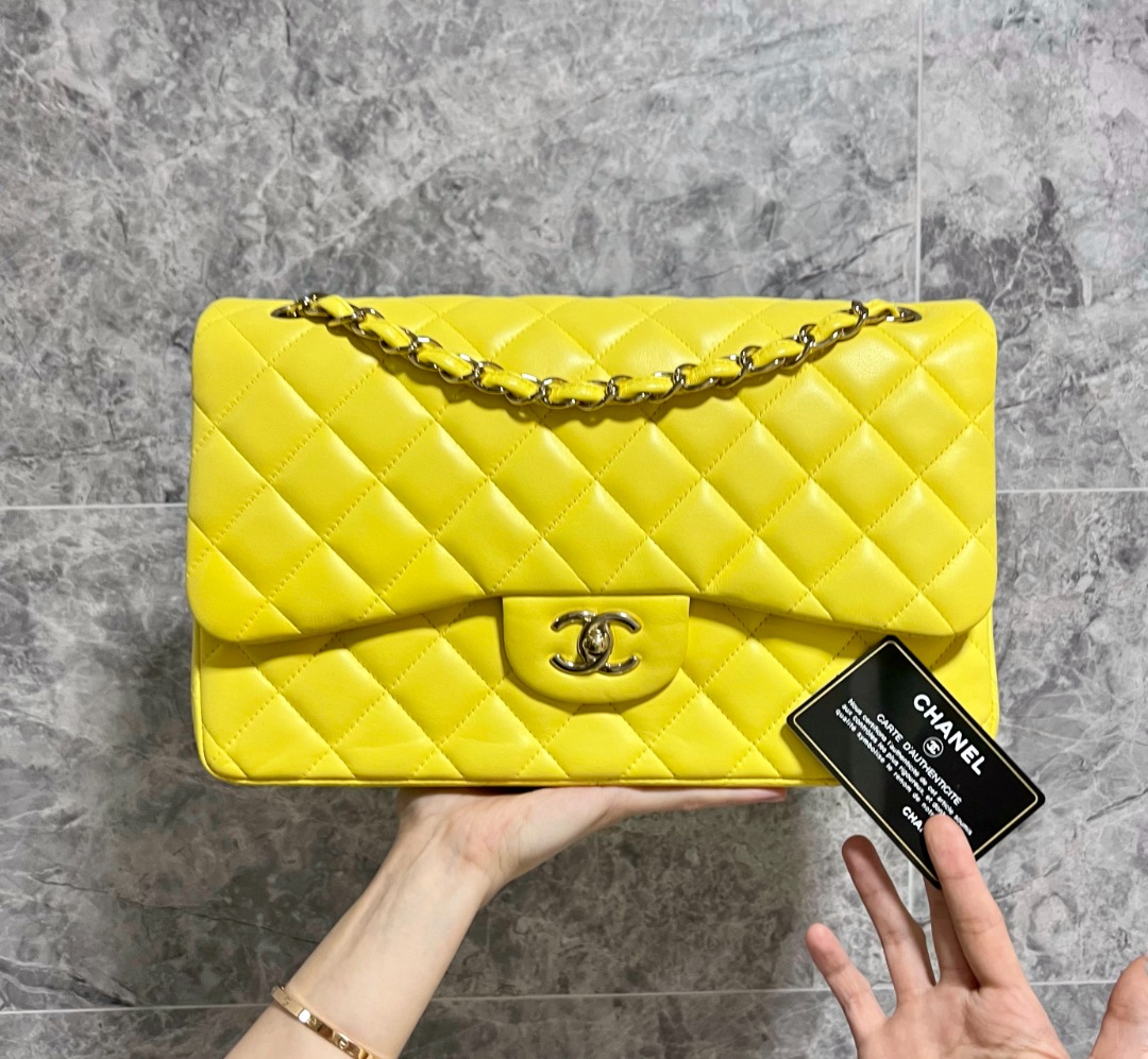 Chanel Jumbo Classic Flap Lambskin Yellow No 15 GHW, Luxury, Bags