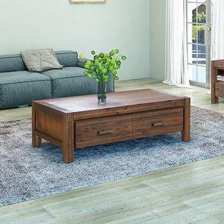 Coffee Table Solid Acacia Wood & Veneer 2 Drawers Storage Oak Colour