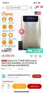 Crane 4-in-1 True HEPA Cool & Warm Mist Humidifier , UV Air Purifier & Aroma Diffuser