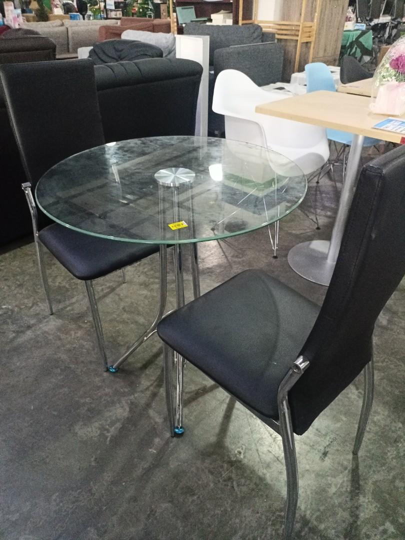 Dining table w/glass top and 2 chairs, Furniture & Home Living