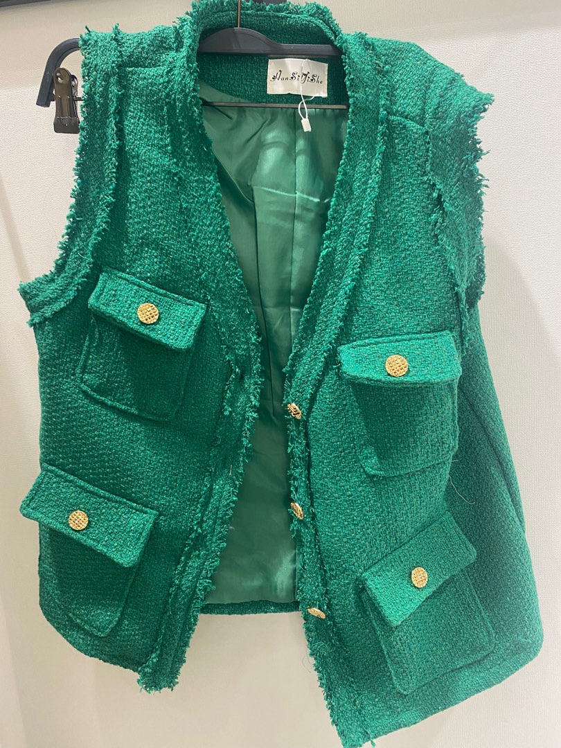 Emerald Green Tweed Vest with Gold Button, Fesyen Wanita, Pakaian ...