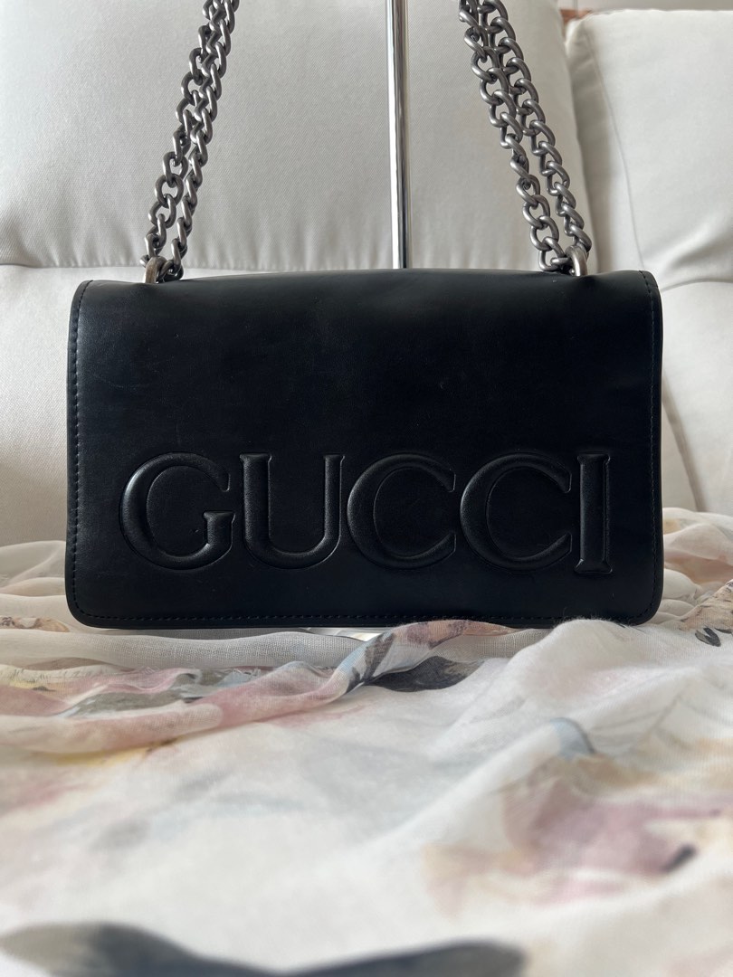 Gucci Black Xl Embossed Chain Strap Bag