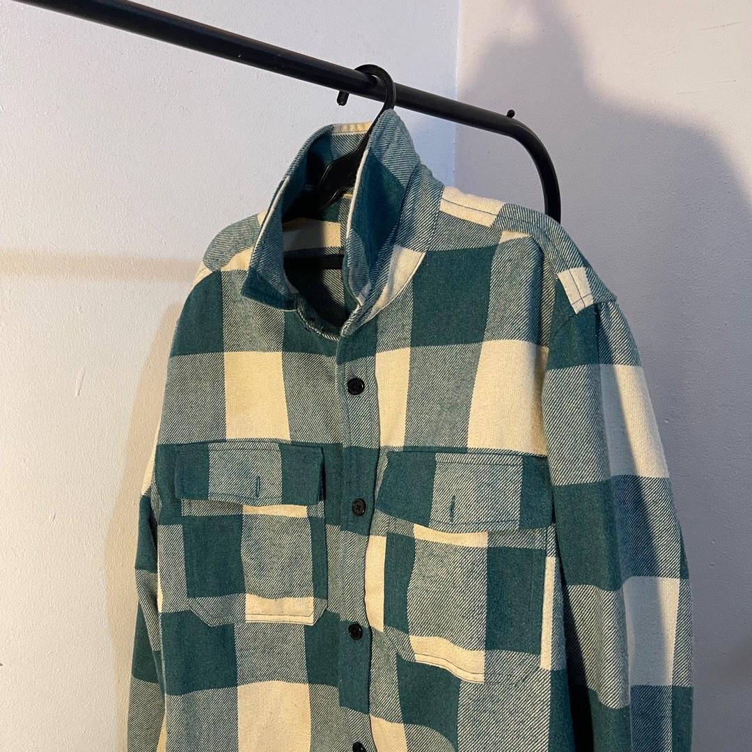 H M Green Pocketed Flannel Men s Fashion Coats Jackets and