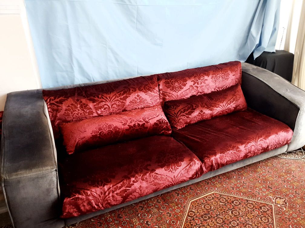 Red velvet couch, Furniture & Home Living, Furniture, Sofas on Carousell