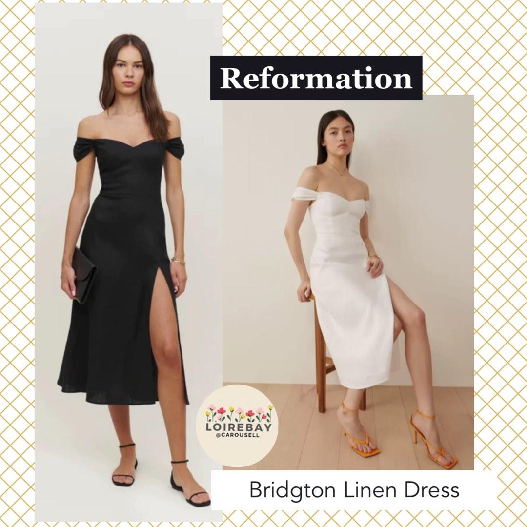 Reformation Bridgton linen dress, black white, Women's Fashion
