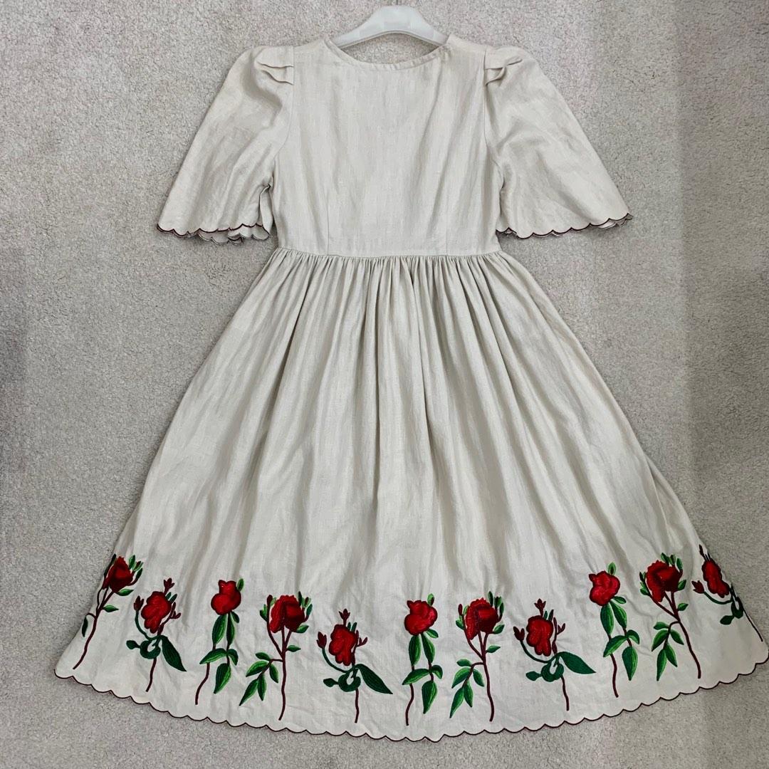 Korean Embroidery Scallop Hem Linen Dress, Women's Fashion, Dresses