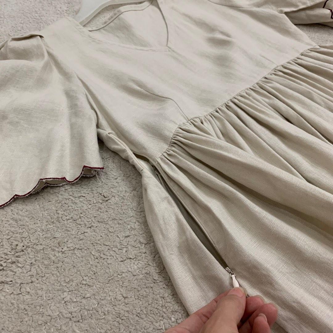 Korean Embroidery Scallop Hem Linen Dress, Women's Fashion, Dresses