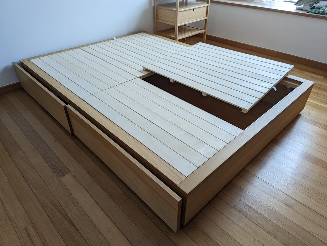 Muji Queen Storage Bed Solid Wood (Oak), Furniture & Home Living