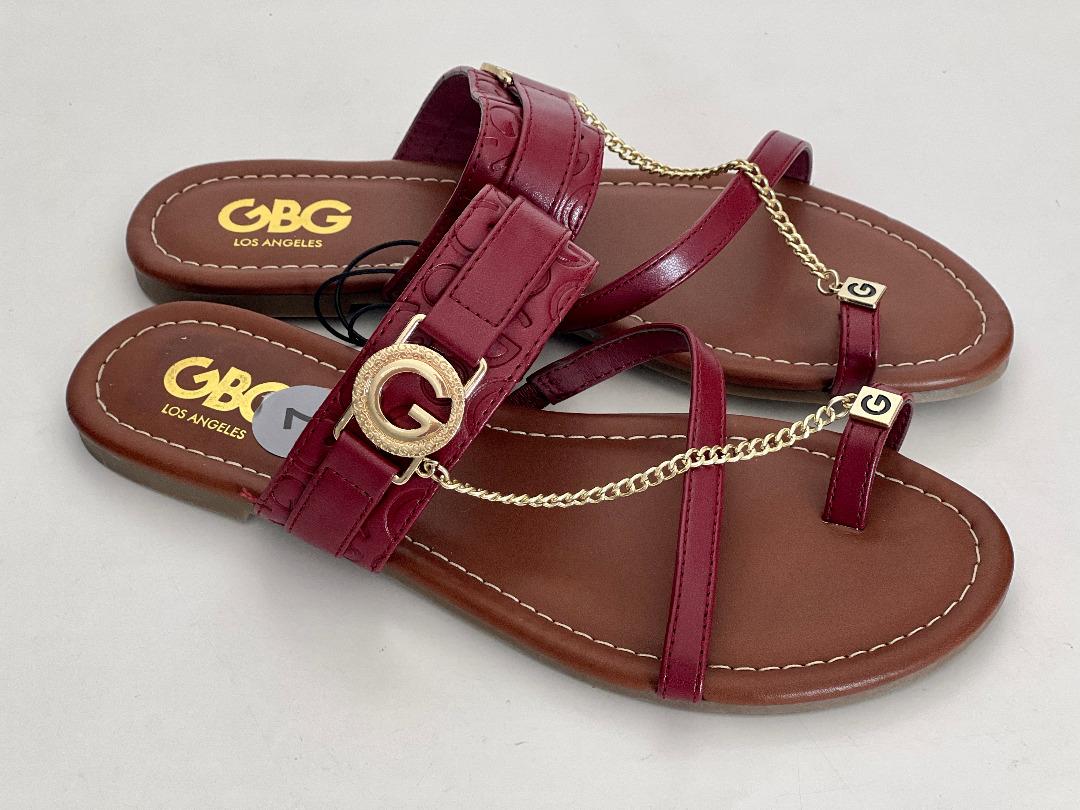 NEW GUESS LEAVI GOLD TONE LOGO RED LEATHER STRAP SANDALS 7 SALE