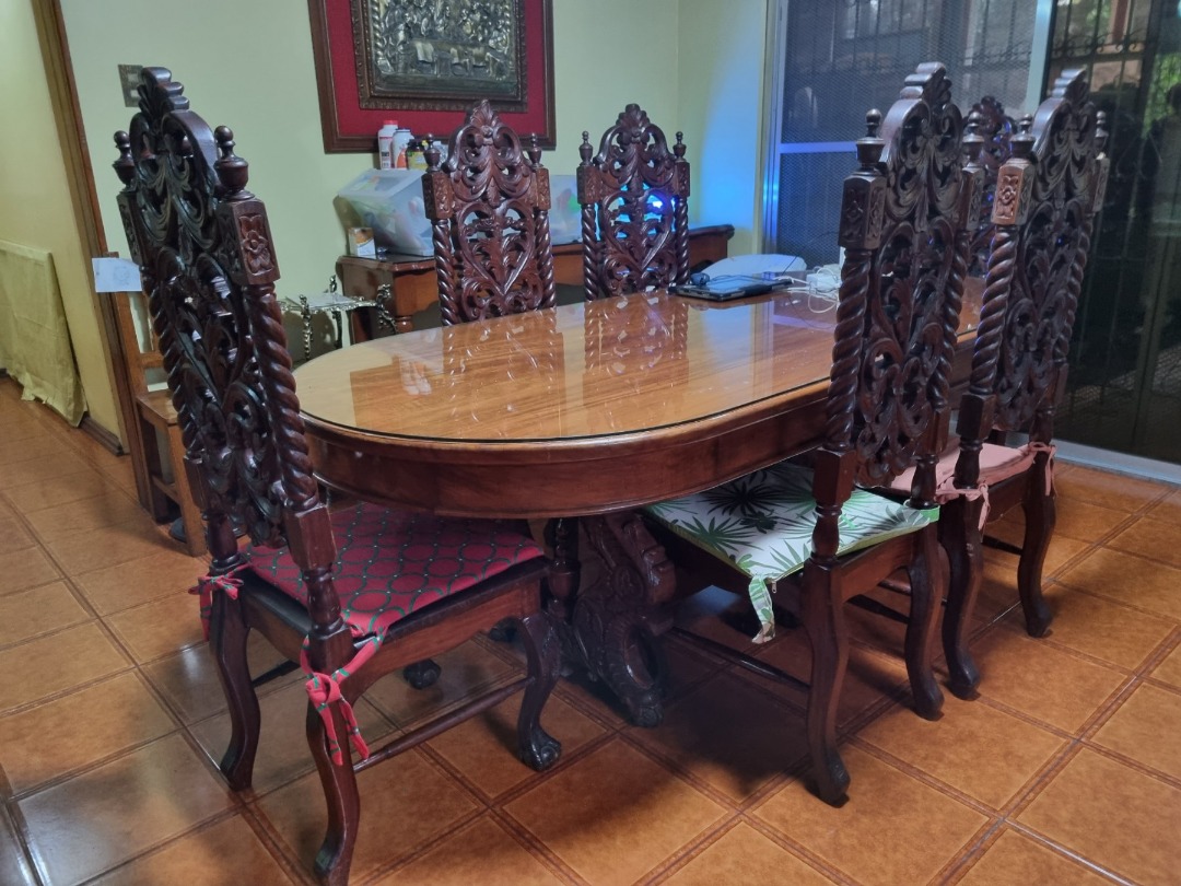 Solid genuine narra dining table and 6 chairs set, Furniture & Home