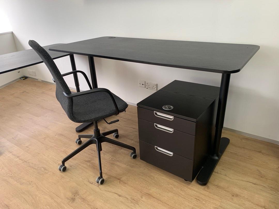 (used) IKEA adjustable desk with pedestal and chair, Furniture & Home