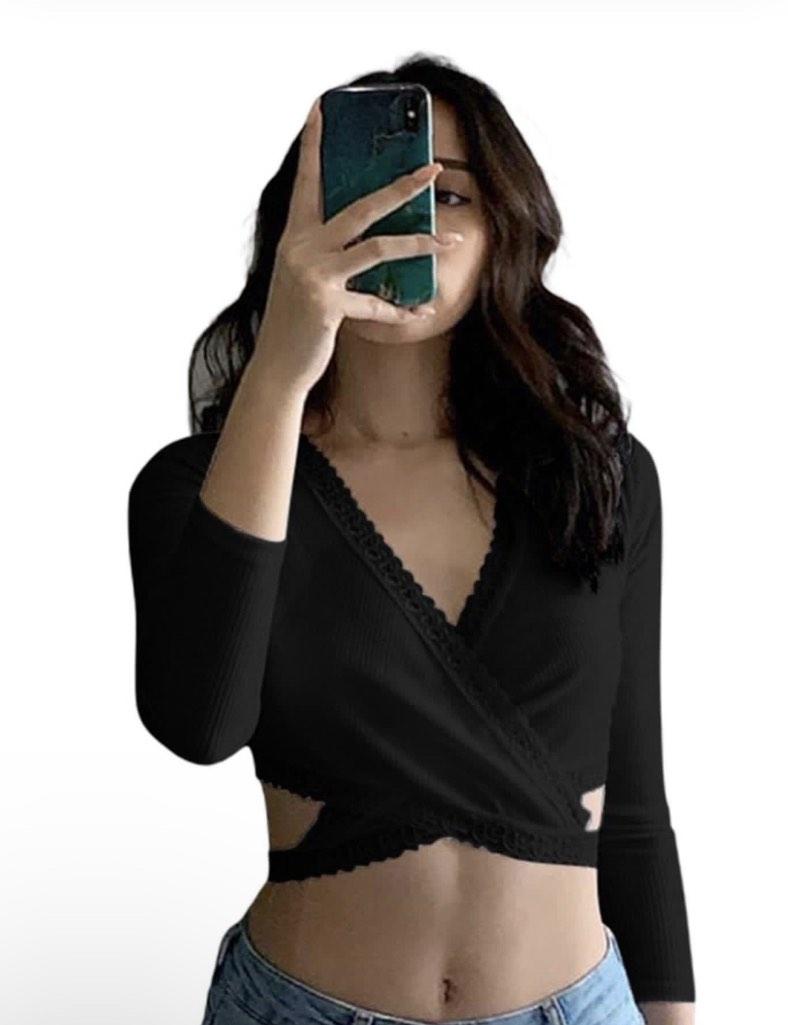 y2k black/white lace body wrap top, Women's Fashion, Tops, Longsleeves on  Carousell