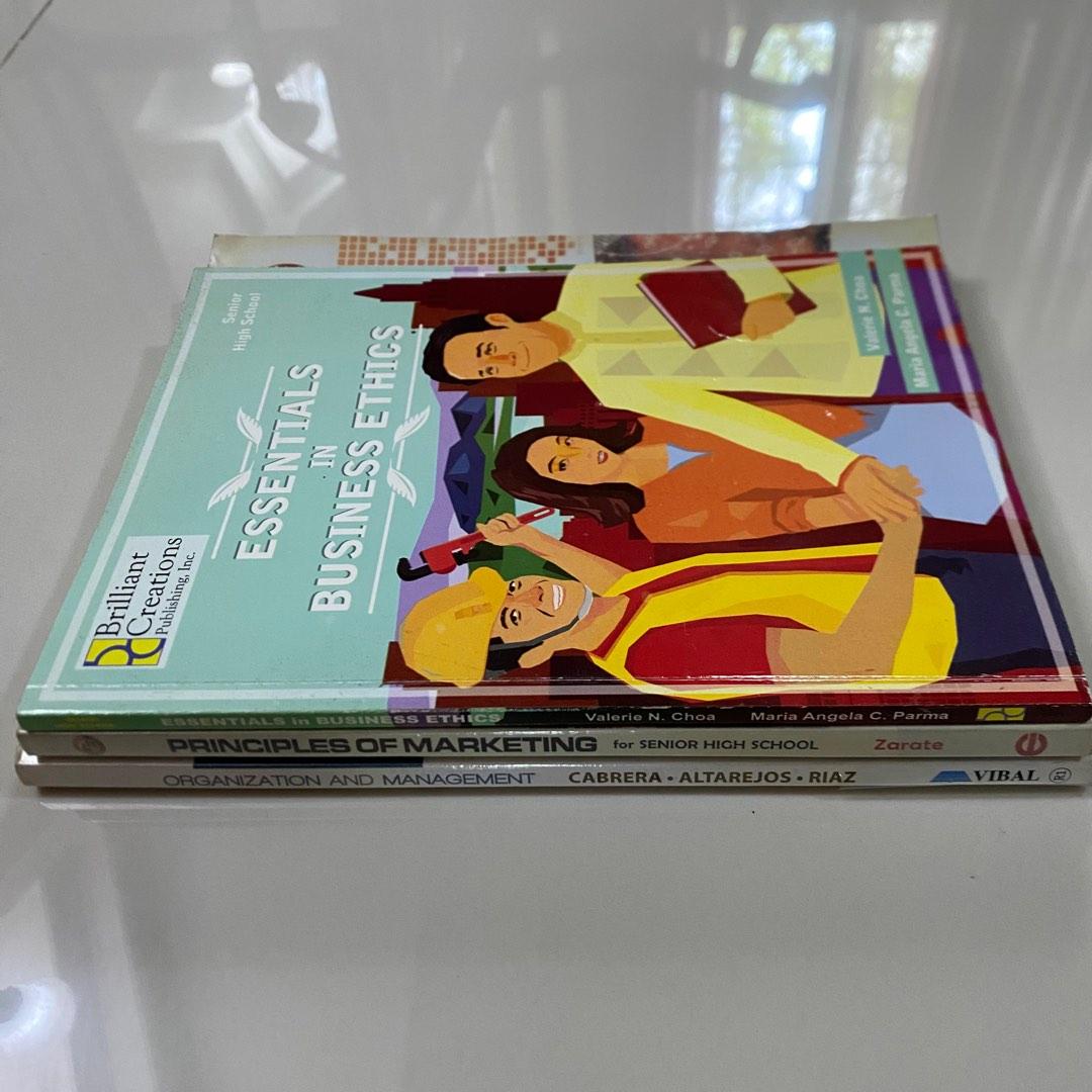 ABM Senior Highschool Books (Category: Textbooks) located in Bulacan. Submitted by gonzales_anaa (Listing ID 1186513506, Image 1). Description: 220 each -Essentials in Business Ethics -Principles in Marketing -Organization and Management.