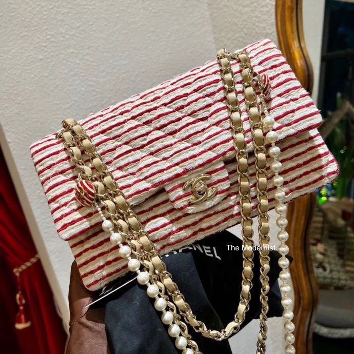 Authentic Chanel 2014 Coco Sailor Bag Red Stripe with Pearl Chain