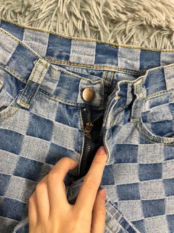 Checkered Flare Wide Leg Jeans Denim Pants
