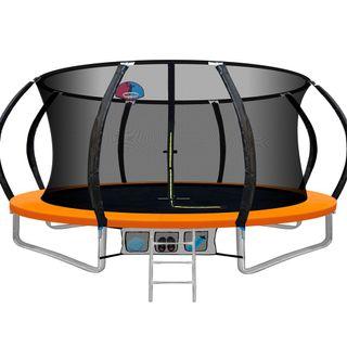 EVERFIT 14FT TRAMPOLINE ROUND TRAMPOLINES WITH BASKETBALL HOOP KIDS PRESENT GIFT ENCLOSURE SAFETY NET PAD OUTDOOR ORANGE