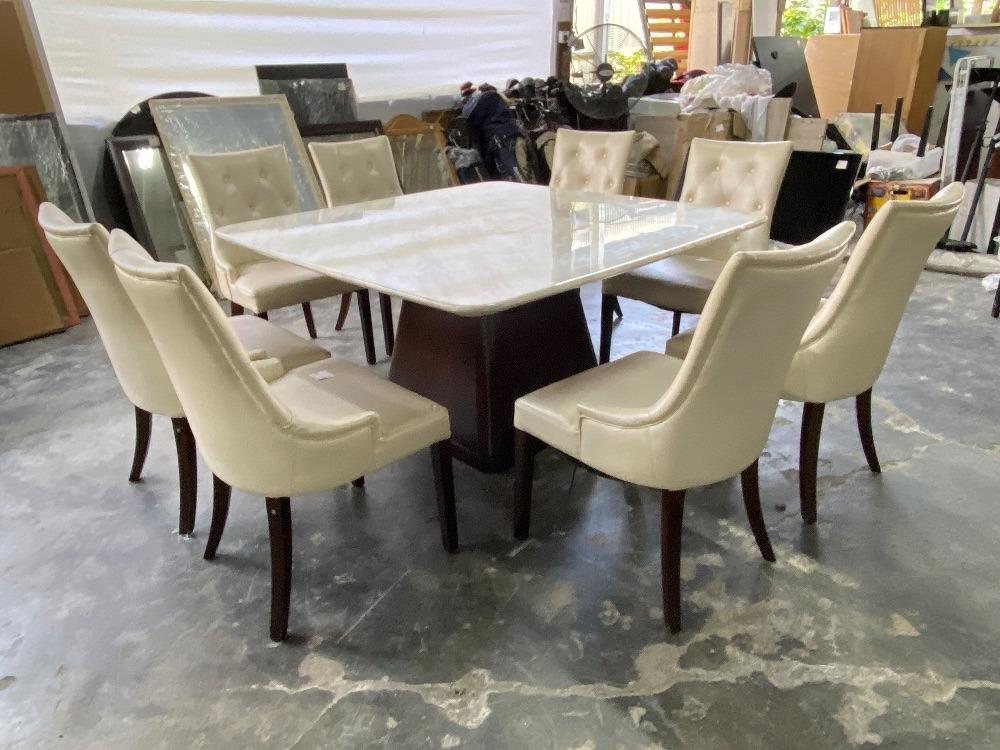 Marble 8-seater Dining Table White Colour Set with 8 Leather Dining ...