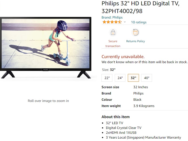 Philips 32 inch PHT4002/98 Full HD Digital TV (Yr2020 purchased) - Self ...