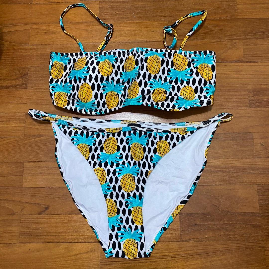 Pineapple Bikini Beach Swim Swimwear Adjustable Straps High Waist Black White Cotton On