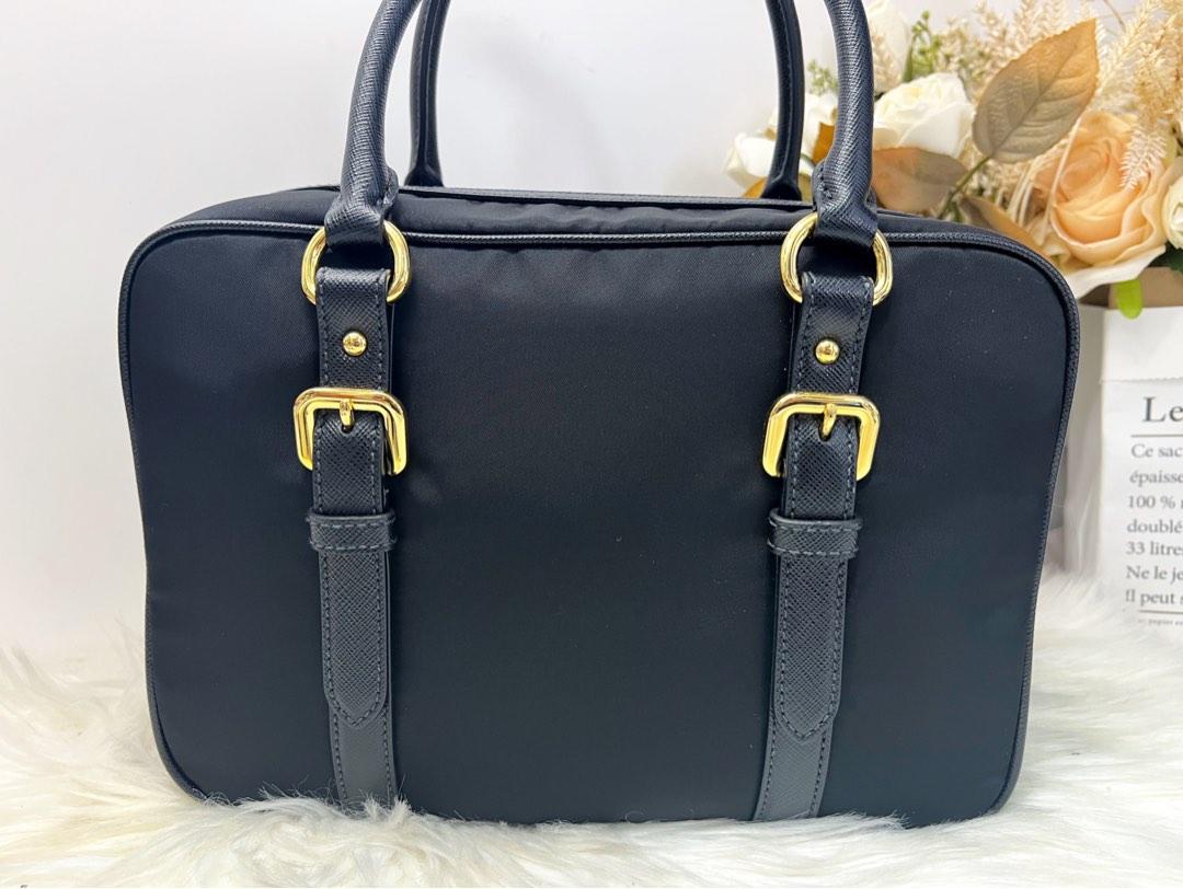 Prada 1BB088 Bauletto Tessuto Saffiano Padlock Tote Bag Black