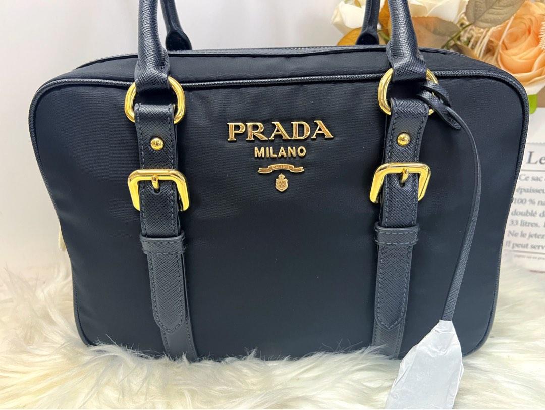 Prada 1BB088 Bauletto Tessuto Saffiano Padlock Tote Bag Black