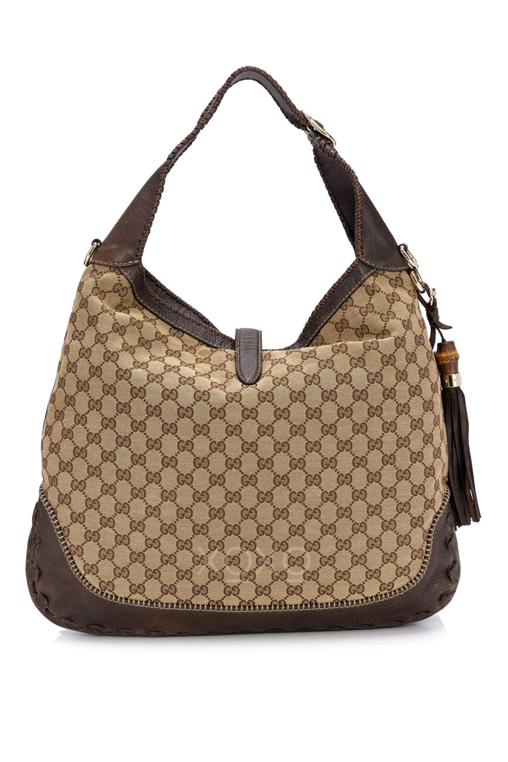 Gucci Vintage Large Jackie O Black Canvas and Brown Leather Hobo