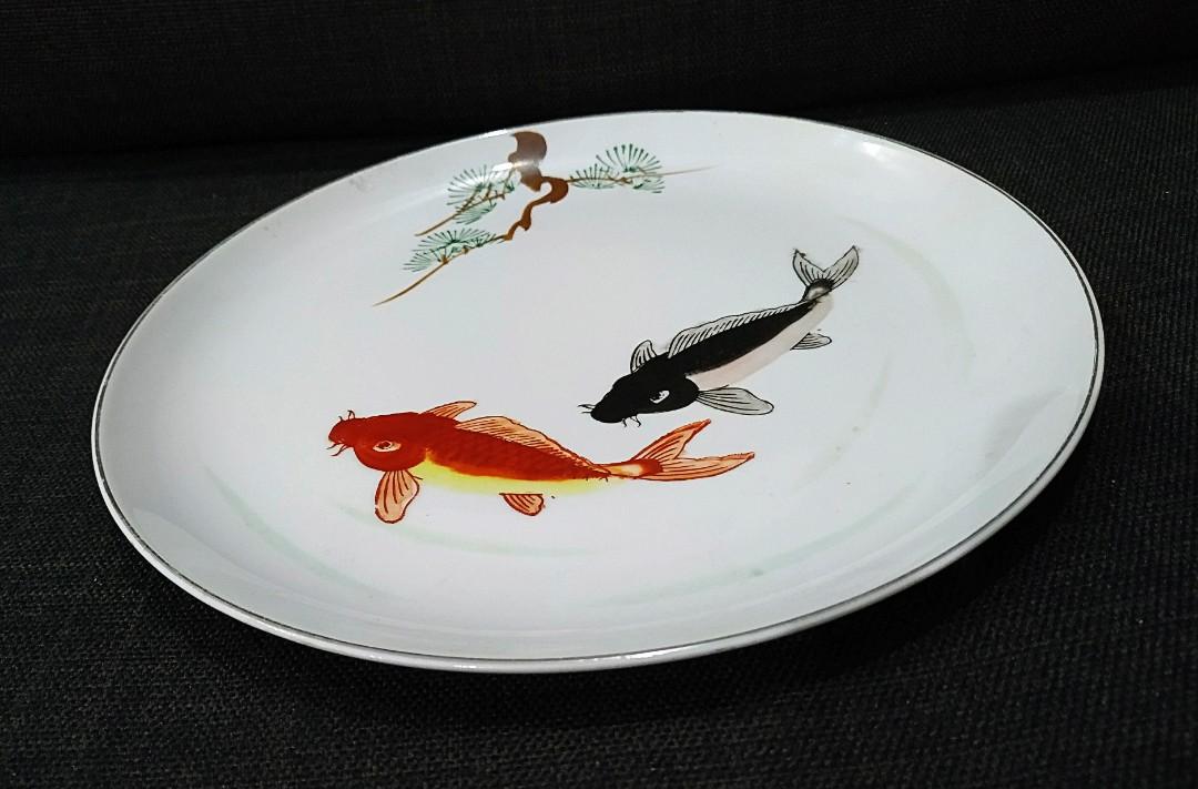 RARE! Vintage Japan White Double Koi Carp Fish Plate Ceramics, Hobbies