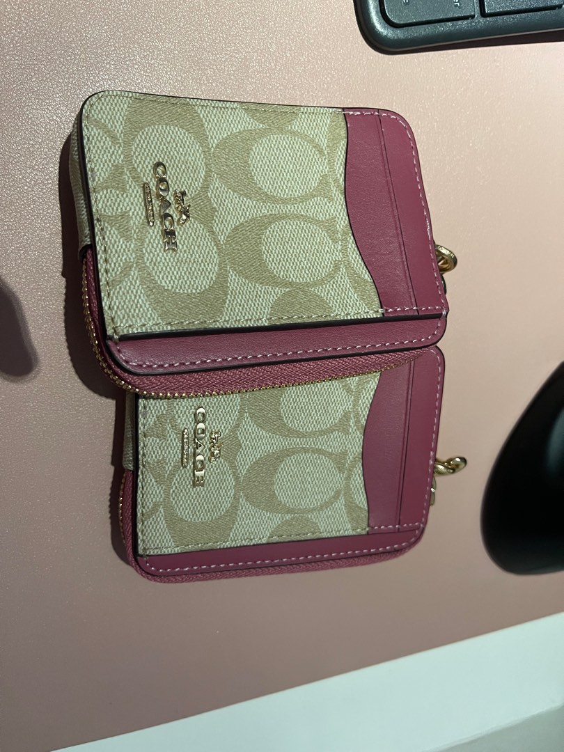 SF included Coach Zip Card Case in Signature Canvas in Pink/Rouge Khaki, Women's Fashion, Bags