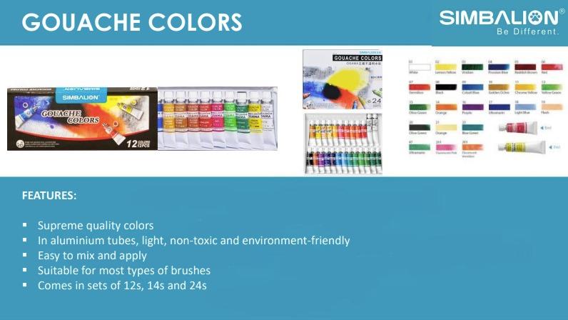 Simbalion Gouache Paint Set | Arts & Crafts (Category: Art & Prints) located in Mandaluyong City. Submitted by moonamor (Listing ID 1186633823, Image 1). Description: Simbalion Gouache Paint Set 12 color set = 170 pesos 14 color set = 350 pesos 24 color set = 360 pesos Due to its opacity, gouache color has a solid color coverage. When piled, the upper layer of gouache color will cover up the layers below. Therefore, the tones of gouache tend to b