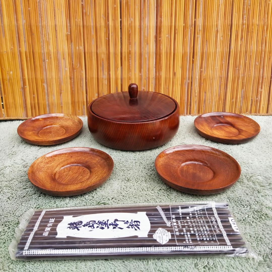 Vintage Wooden Bowl with Lid, Saucers, and Chopsticks Bundle, Furniture