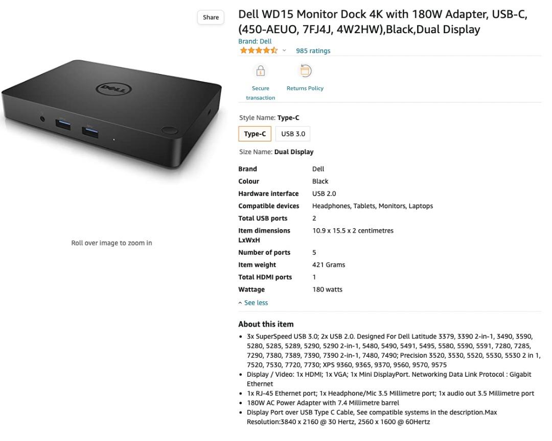 WD15 , USB-C Dell Docking Station with Dell Power Adaper - Dual Monitor,  Computers & Tech, Parts & Accessories, Cables & Adaptors on Carousell