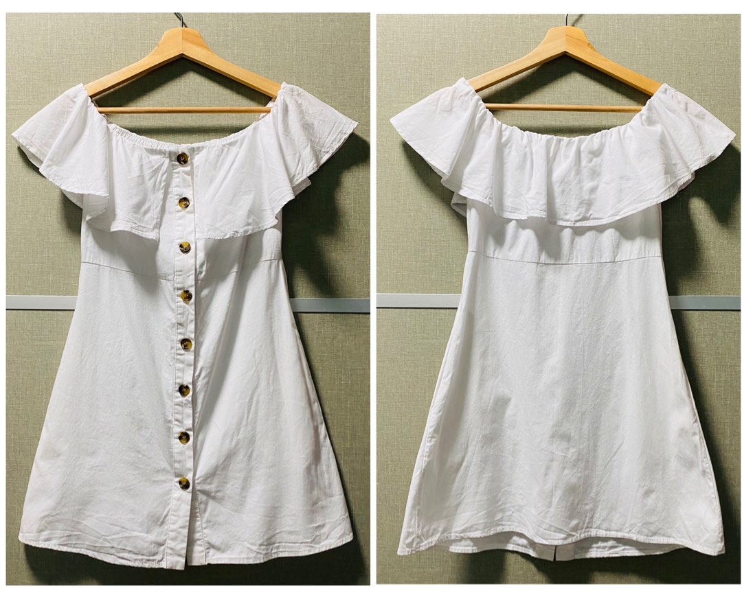 White off the shoulder button down dress on sale