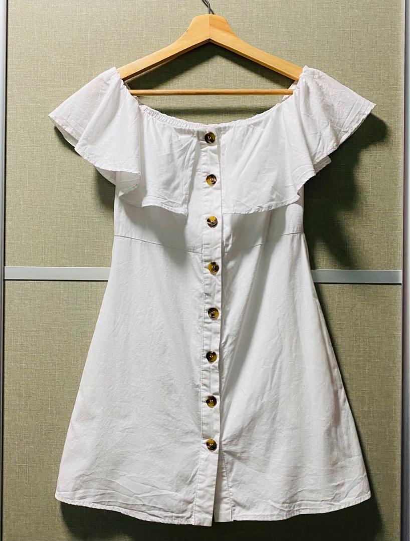 White off the shoulder button down dress online