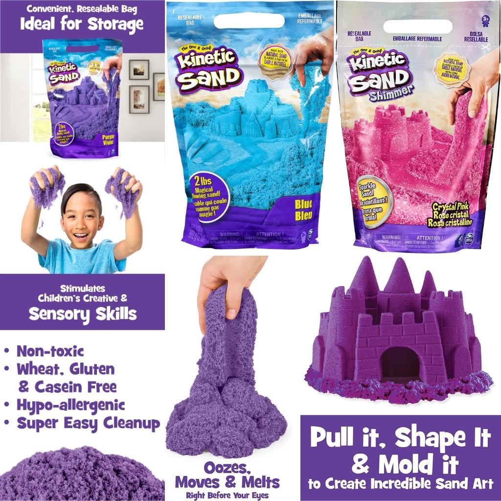 BNIP: Kinetic Sand The Original Moldable Sensory Play Sand Toys for Kids 2  lb=0.9kg Resealable Bag Ages 3+ Blue Purple Crystal Pink, Hobbies & Toys,  Toys & Games on Carousell