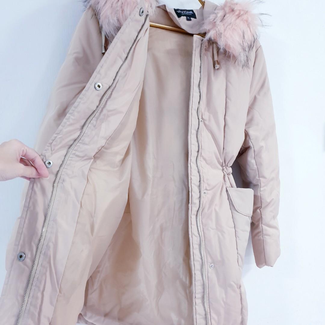 Down Jacket pale beige cream Winter Coat Pink fur trim Women s