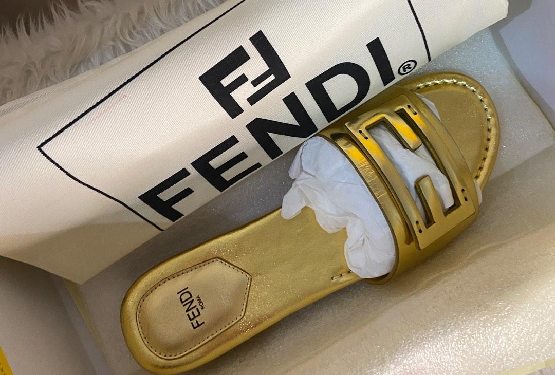 FENDI FLAT SLIPPER IN YELLOW MIX GREY MONOGRAM JACQUARD FABRIC WITH GOLD HARDWARE