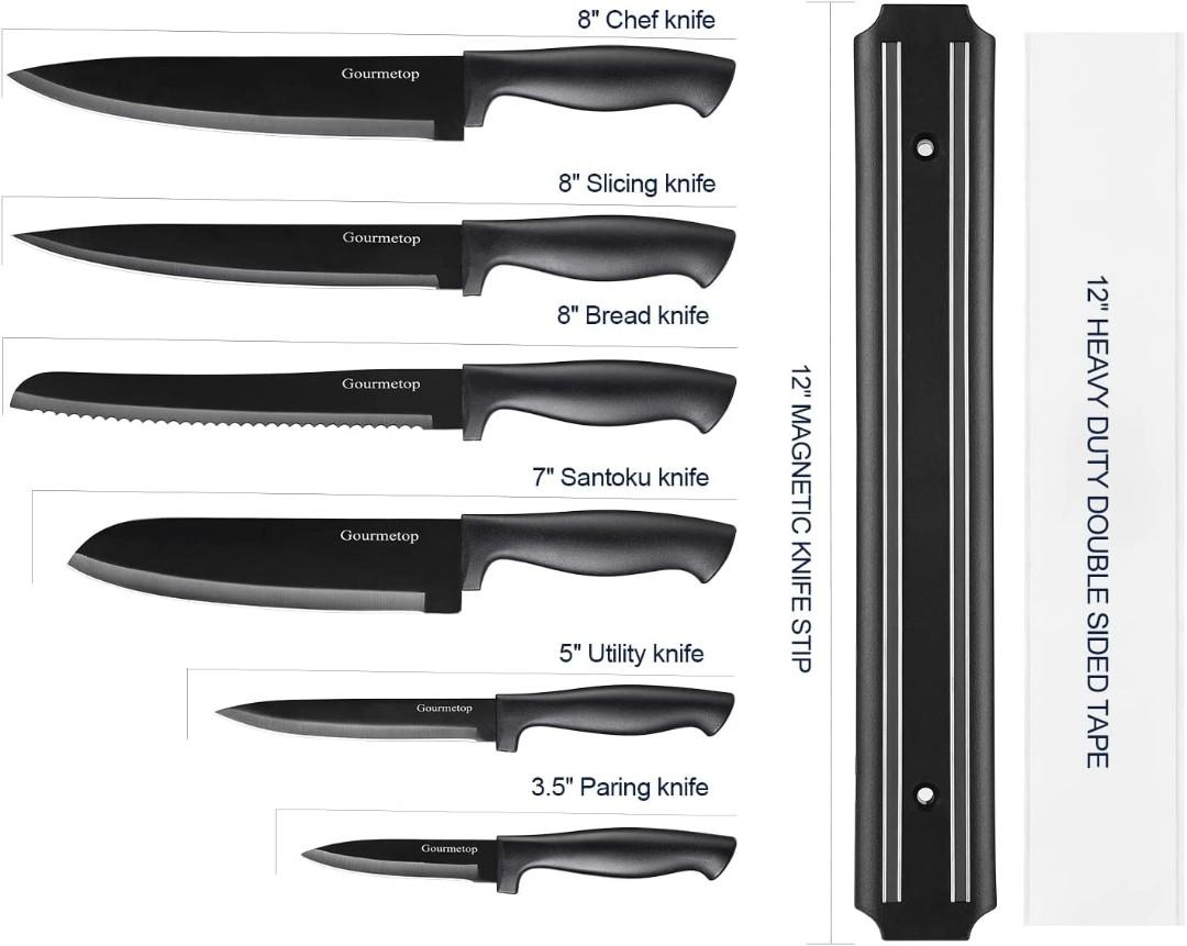 Gourmetop Kitchen Knife Set with No Drilling Magnetic Strip for Kitchen  Black Titanium Small Cooking Knives, Sharp Stainless Steel Chef Knife Set  for
