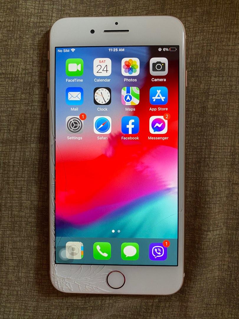 Iphone 8 Plus ROSE GOLD (Category: iPhone 8 Series) located in Quezon City. Submitted by dopetown (Listing ID 1186755237, Image 1). Description: Flaws: Cracked screen on lower left. Locked (not open line). From US. Battery healthy at 80%.