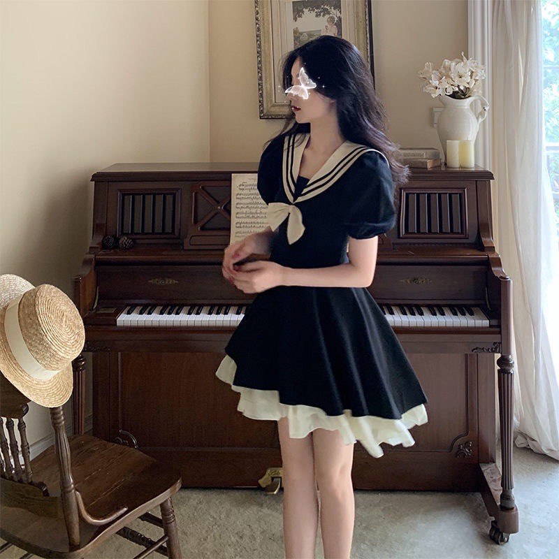 Korean Puff Sleeve Dark Blue Sailor Style Dress, Women's Fashion