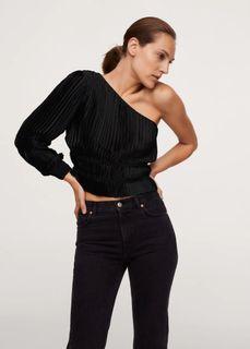 Mango One Shoulder Pleated Black Top