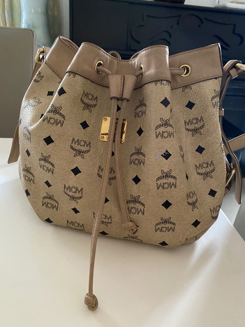 MCM Cream Bucket Bag, Luxury, Bags & Wallets on Carousell