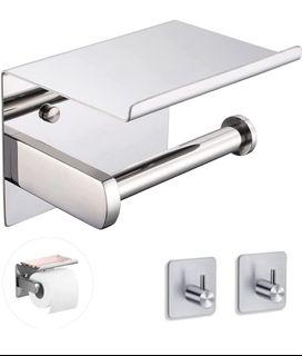 New Toilet Paper Holder with Shelf, Adhesive Toilet Paper Holder Wall Mount SUS 304 Stainless Steel