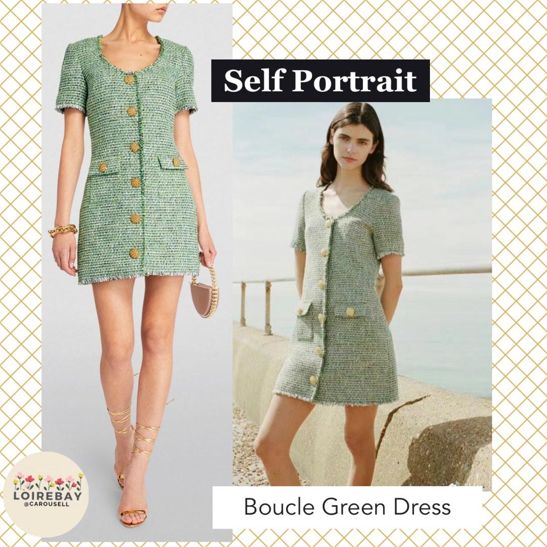 Self Portrait Boucle green mini tweed dress