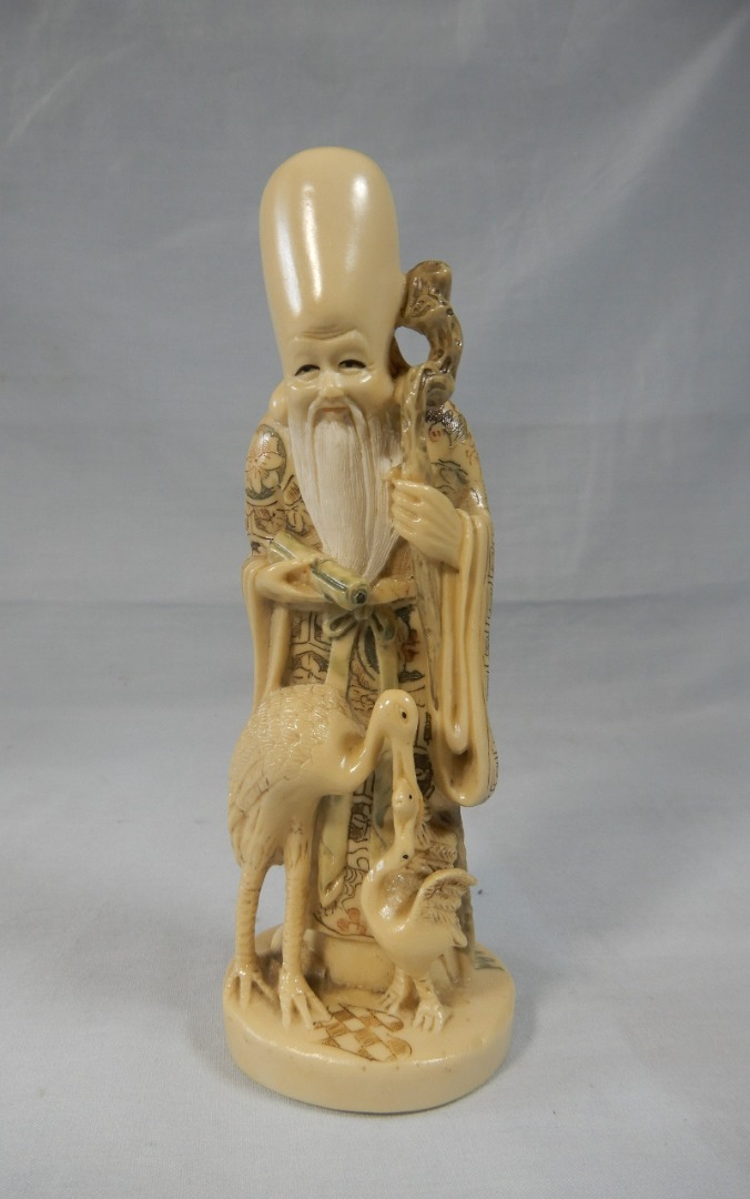 Vintage Chinese figurine resin netsuke Deity with storks sign circa mid