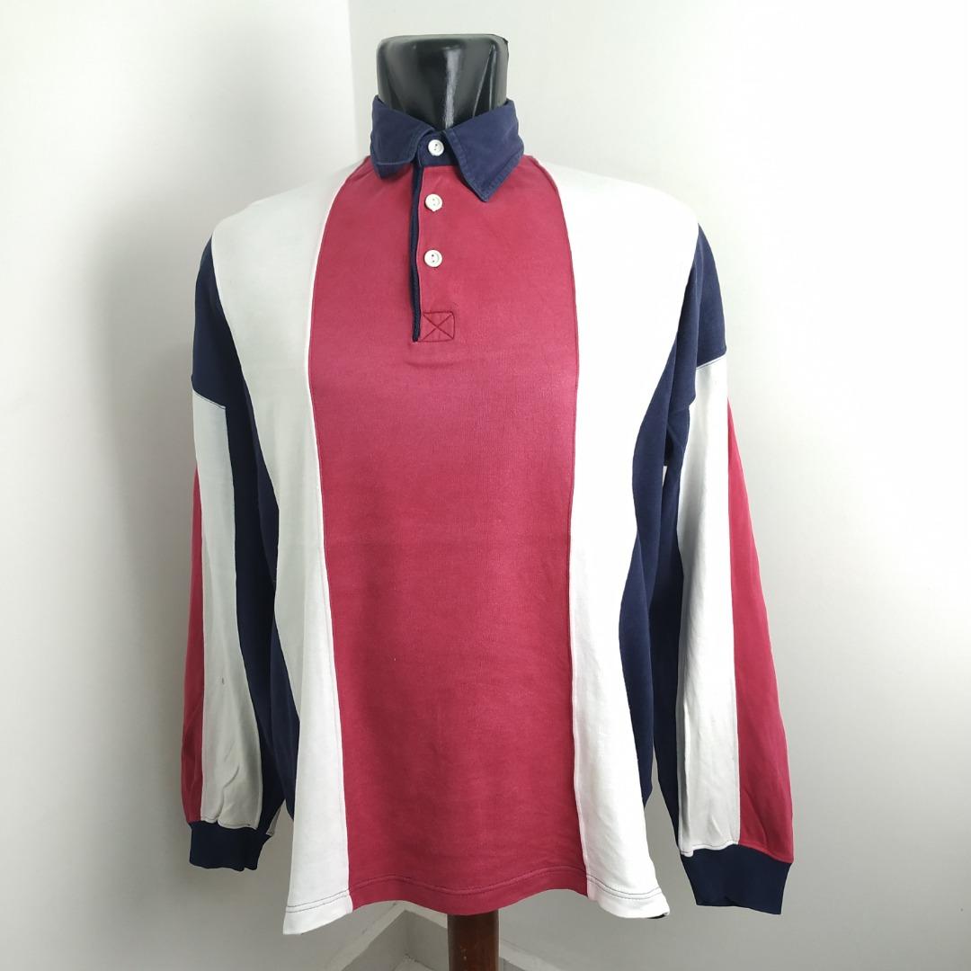 Mens long sleeve red polo shirt with white collar sale