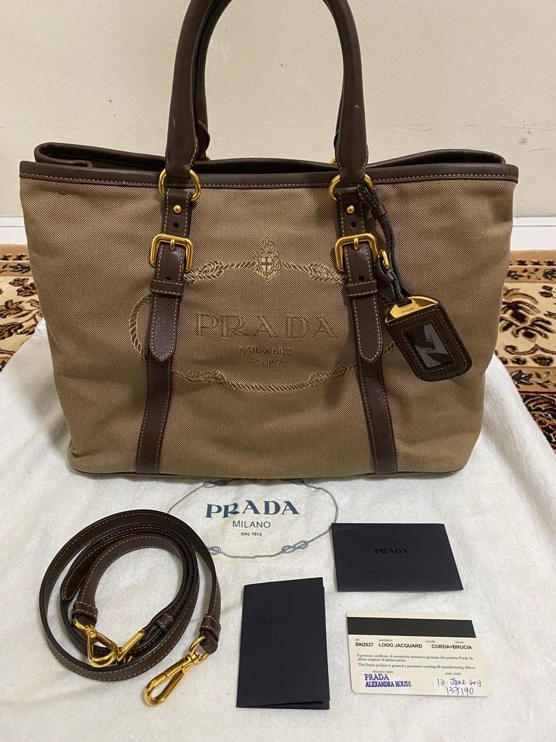 Authentic 100% Prada Jacquard Logo Canvas Leather Trim Tote Bag, Luxury,  Bags & Wallets on Carousell