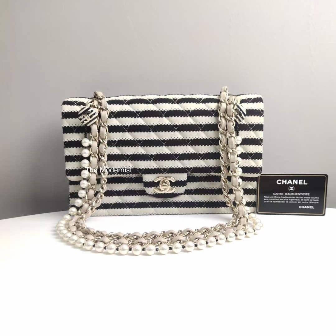 Authentic Chanel Jersey Coco Sailor Black Stripe Medium Double Flap with  Pearl Strap