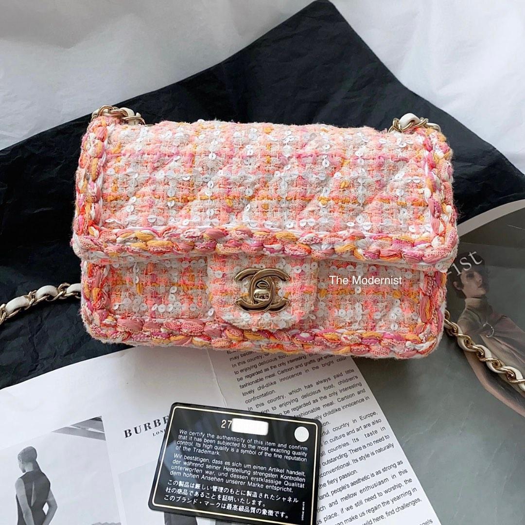 Authentic Chanel Tweed Braid Sequin Mini Flap Bag White Pink Orange,  Luxury, Bags & Wallets On Carousell