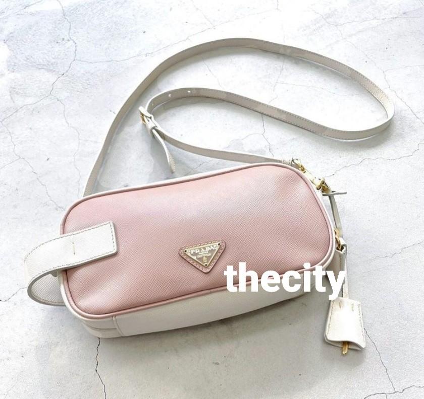 AUTHENTIC PRADA SAFFIANO LEATHER SLING BAG - PINK / WHITE - USED SEASONED  CONDITION , NOT FOR FUSSY BUYERS, Luxury, Bags & Wallets on Carousell