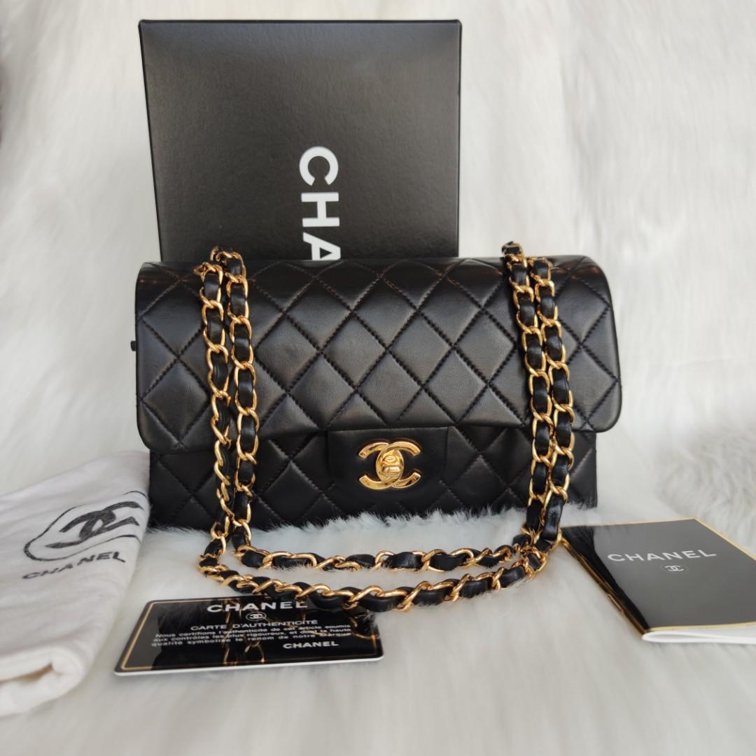 Authentic Vintage Chanel small Classic Flap Black Lambskin 24k Gold Plated,  Luxury, Bags & Wallets on Carousell